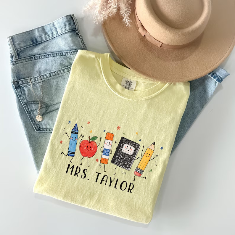 Custom Name Teacher Shirt Personalized Cute School Supplies Back To School Tee