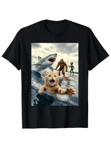 Men&rsquo;s Surfing Cat & Shark T-Shirt – Short Sleeve Round Neck Shirt
