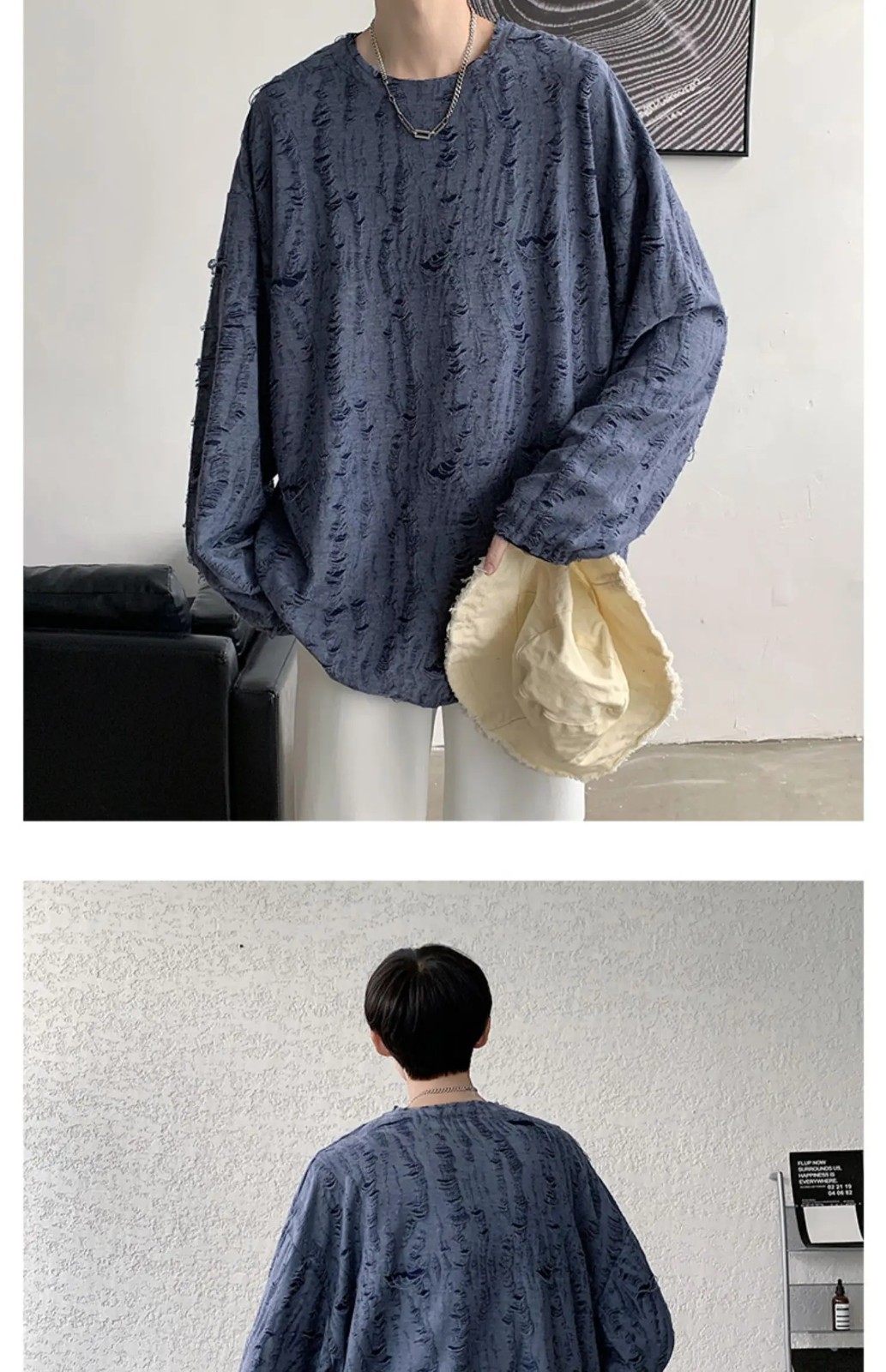 Men&rsquo;s Distressed Hole Long Sleeve T-Shirt Hip Hop Oversized Harajuku Streetwear