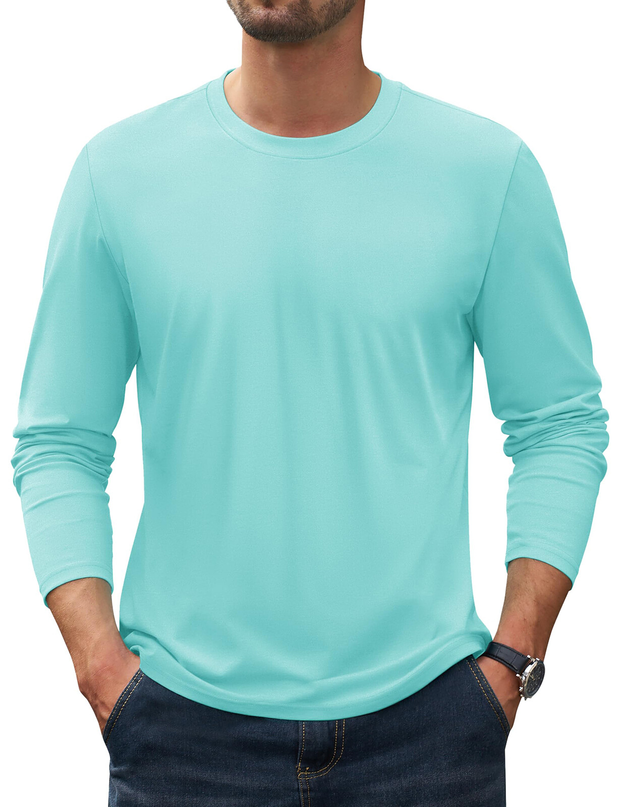 Mens Long Sleeve Shirts Cotton Moisture Wicking Undershirt Comfort Pullover Tops