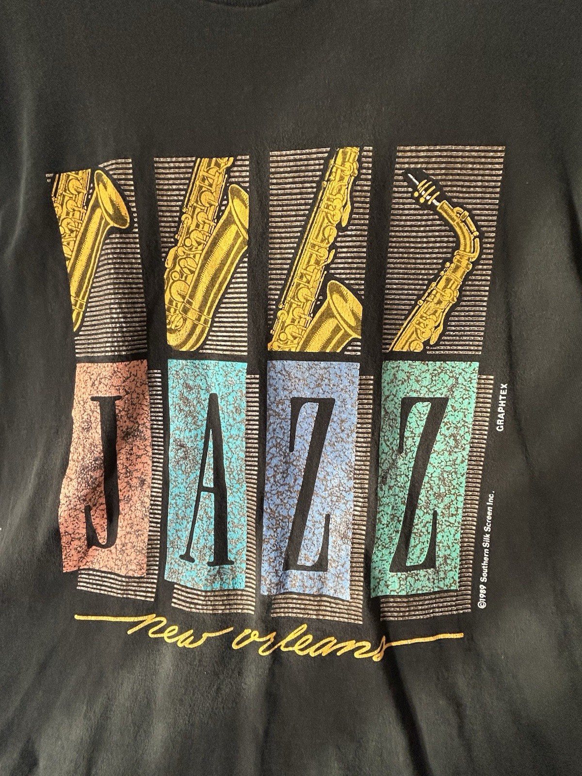 Jazz New Orleans Saxophone 1989 T Shirt Black Size XL Vintage Fruit Of The Loom