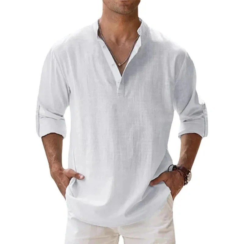 Men&rsquo;s Cotton Linen Henley Long Sleeve Shirt Casual Beach T-shirt Tee Summer Gift
