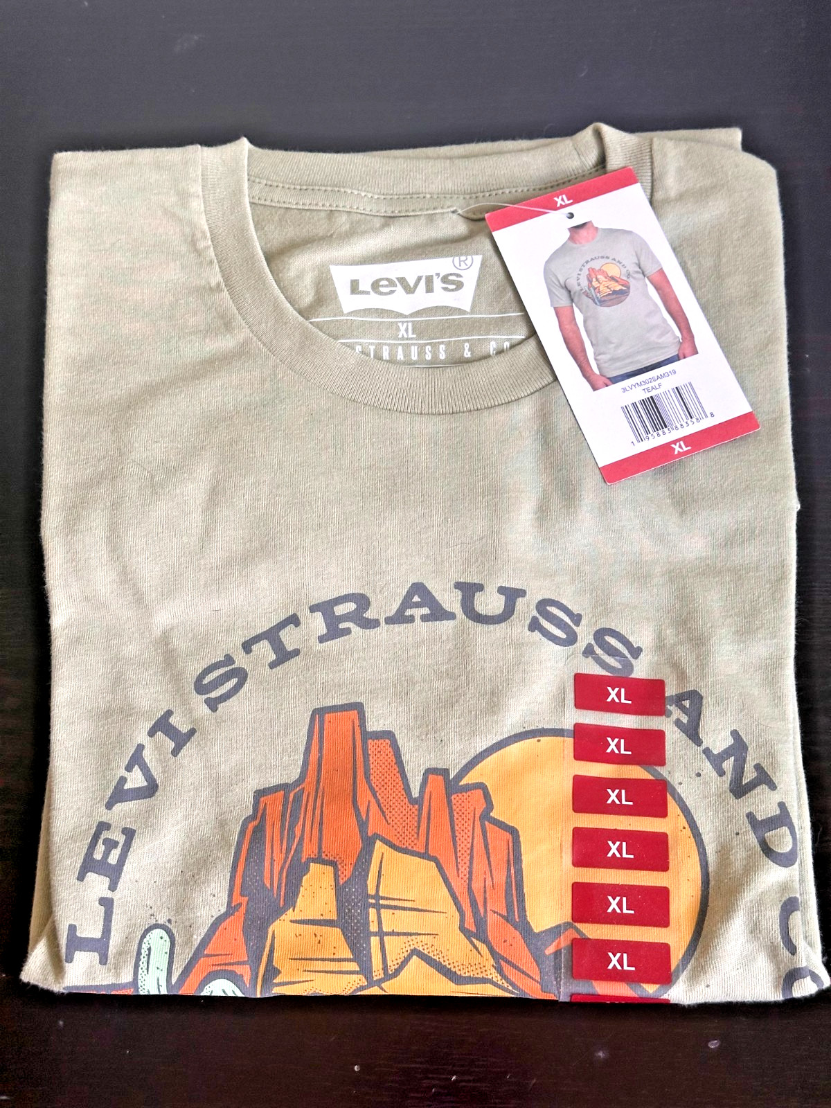 LEVI&rsquo;S MEN&rsquo;S GRAPHIC T-SHIRT XL TEAL DESERT SAND MOUNTAIN CACTUS BACKDROP NEW~!
