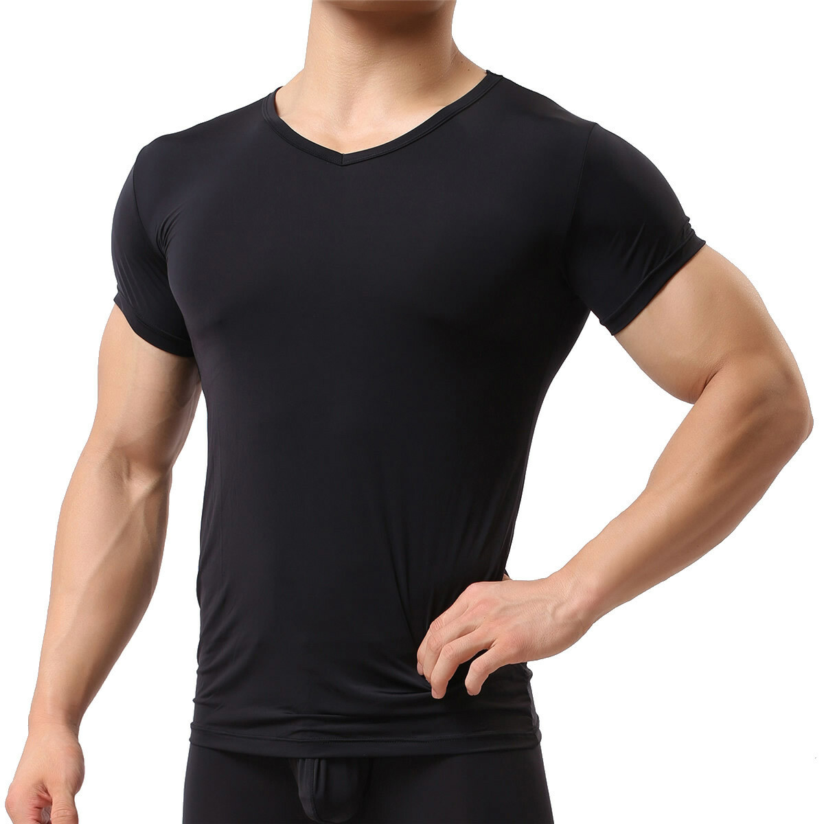 Mens Sport Gym T-Shirt Sexy Muscle Tops Fitness Short Sleeve Tee V-Neck Tights