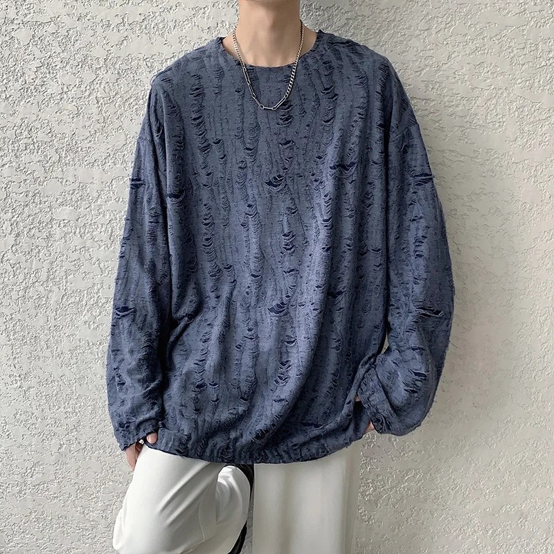 Men&rsquo;s Distressed Hole Long Sleeve T-Shirt Hip Hop Oversized Harajuku Streetwear