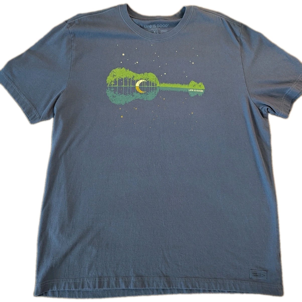 Life Is Good Crusher Tee Blue Guitar Forest Graphic T-Shirt Men Size XL Used
