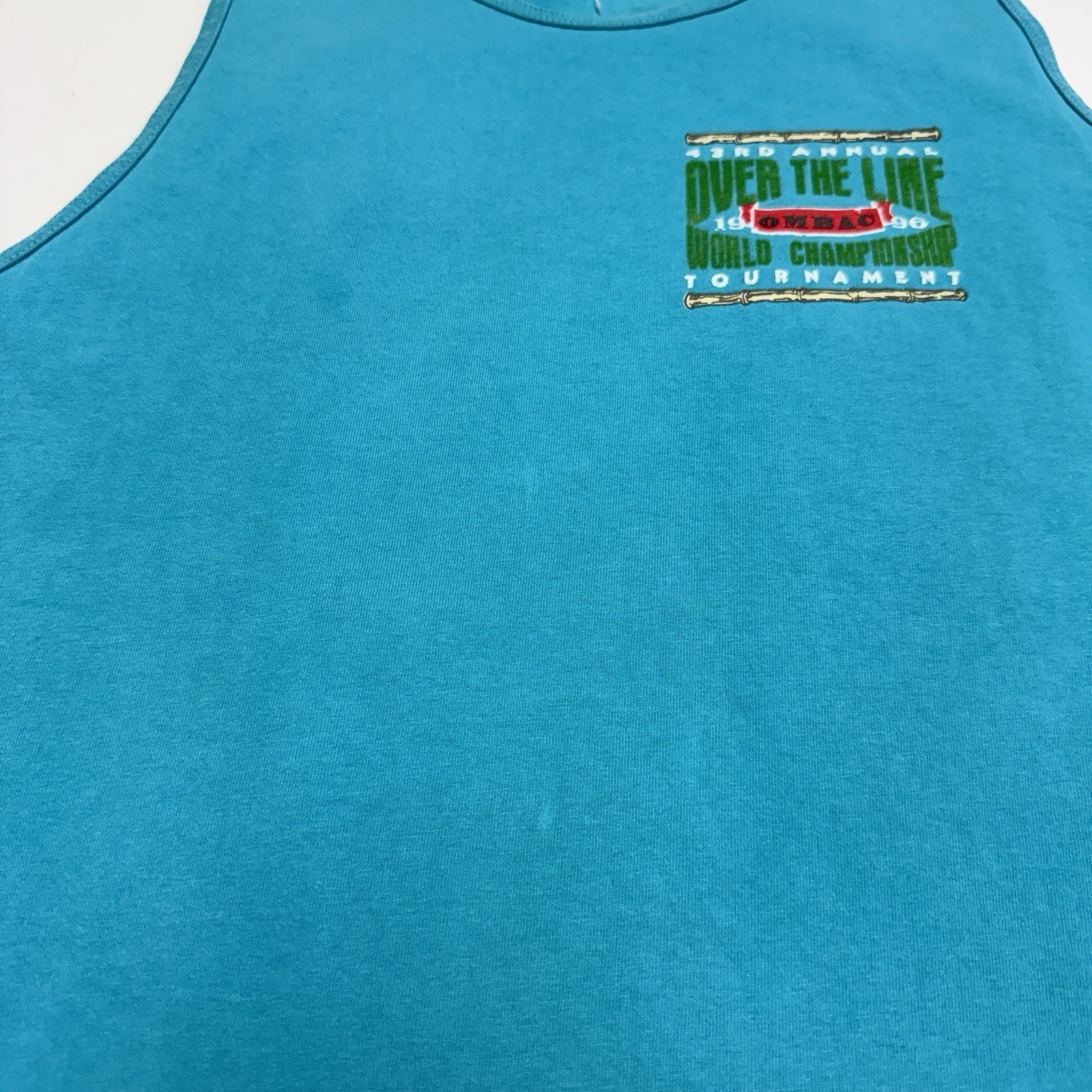 Vintage 90s Over the Line Championship Tank Top Shirt Mens XL Teal Blue