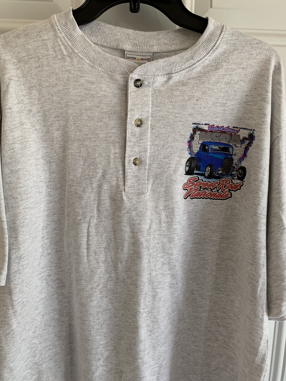 Anvil Henley TShirt Men’s L 40th Street Rod Nationals Car Show Gray Short Sleeve