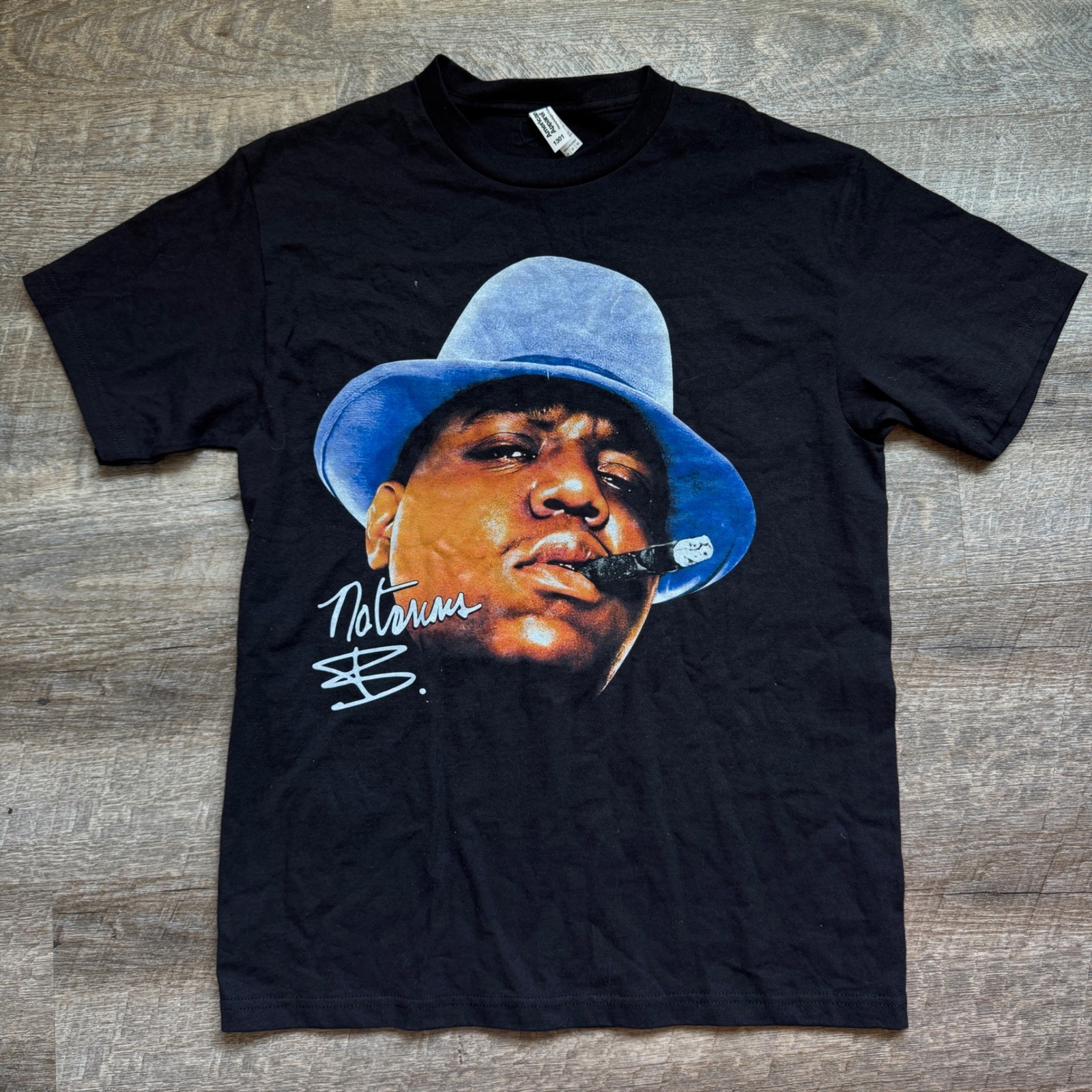 American Apparel Notorious BIG T-Shirt Medium Regular Black Graphic Cigar Fedora