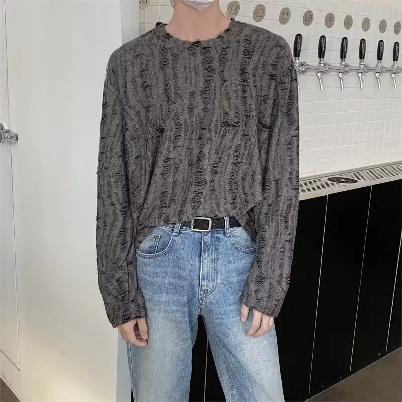 Men&rsquo;s Distressed Long Sleeve T-Shirt Harajuku Aesthetic Ripped Pullover Top