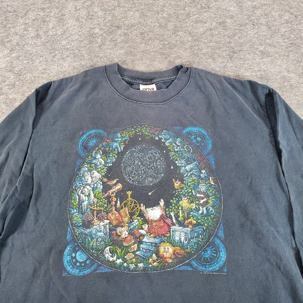 Vintage Bill Bell Shirt Mens Large Navy Blue 90s Wizard Astronomer Art tee Rare