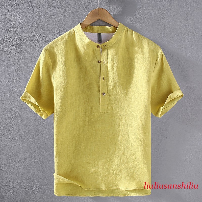 Retro Style Short Sleeve Pullover Mens Stand Collar 100% Linen Shirt Half Button
