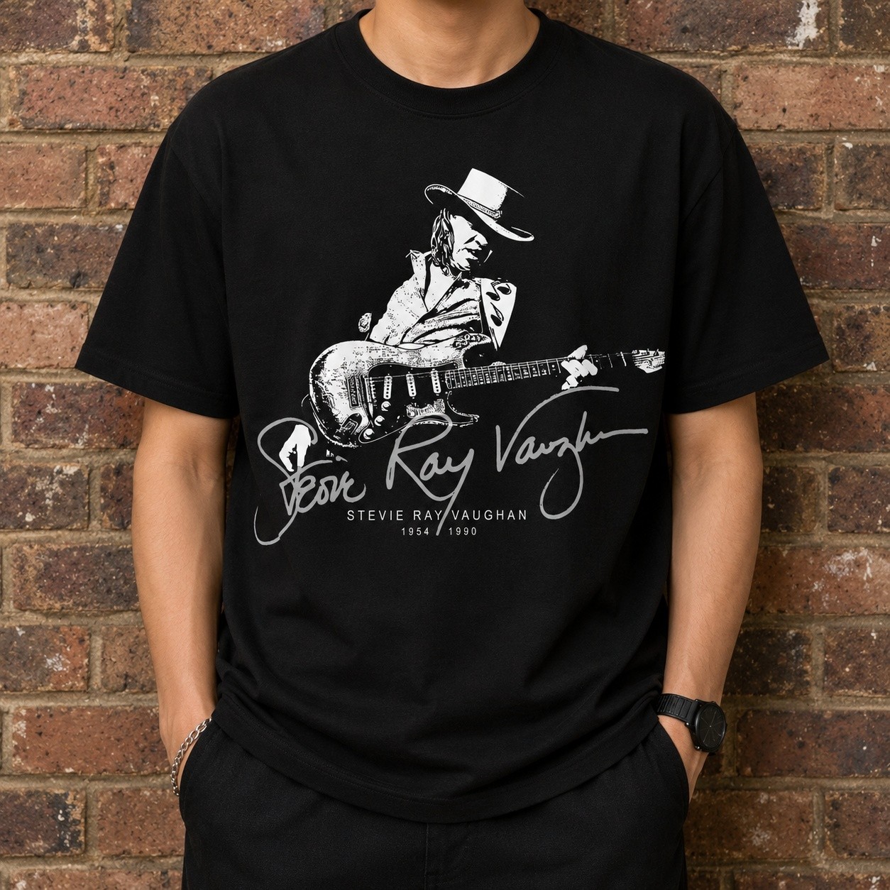 Stevie Ray Vaughan Guitar Signature T Shirt Black Unisex Rock Tee