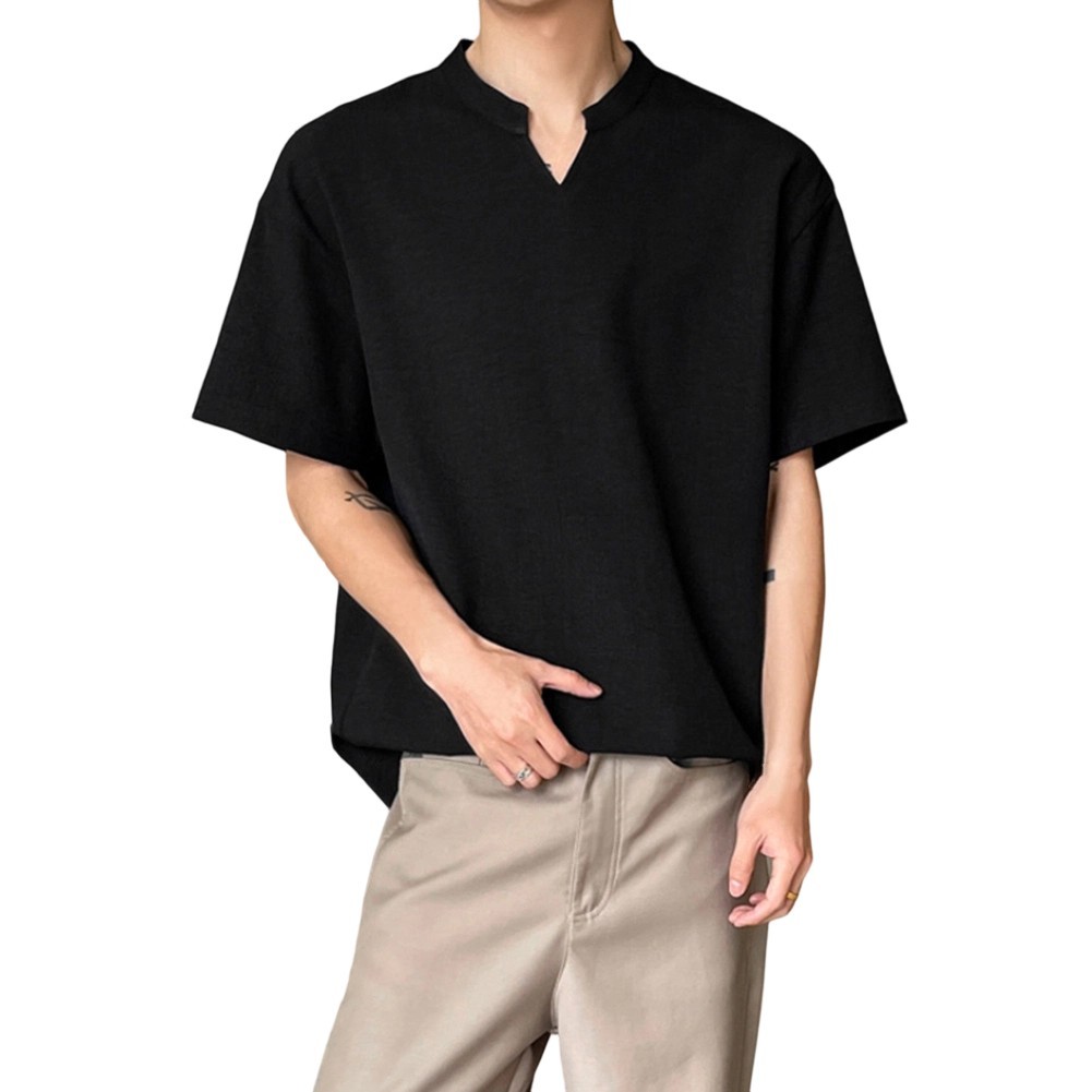 Loose Fit Men&rsquo;s T-Shirt Imitation Linen V Neck Short Sleeve Summer Top