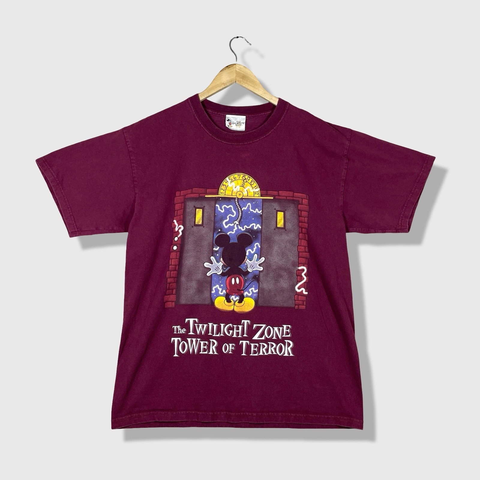 Walt Disney World Tower of Terror Mickey Mouse Shirt Mens L Maroon Vintage 90s