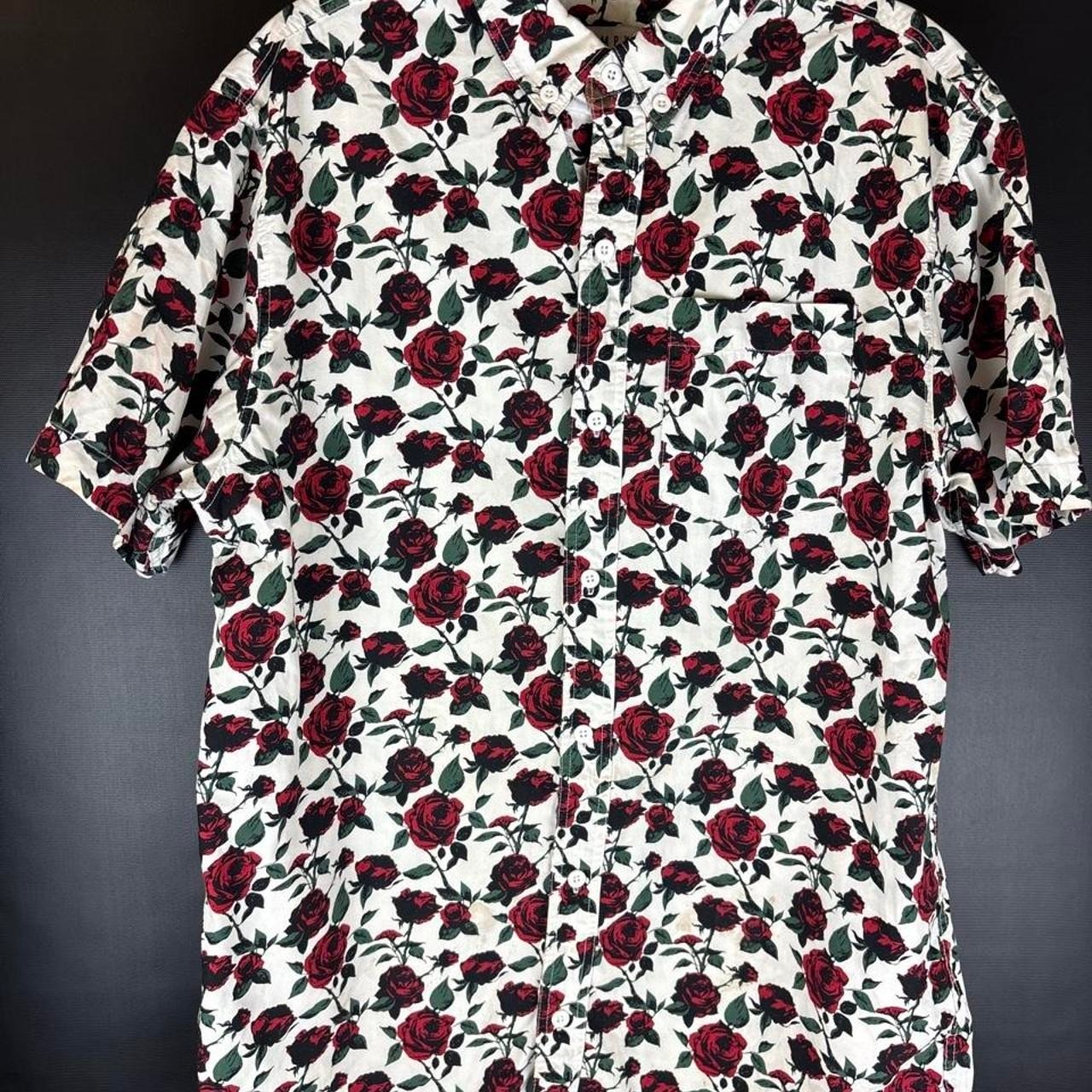 Mens Empyre red rose button up shirt with green stems on white background