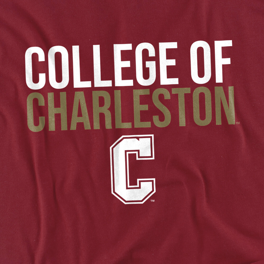 College of Charleston Adult T-Shirt Stacked, Garnet, S-3XL