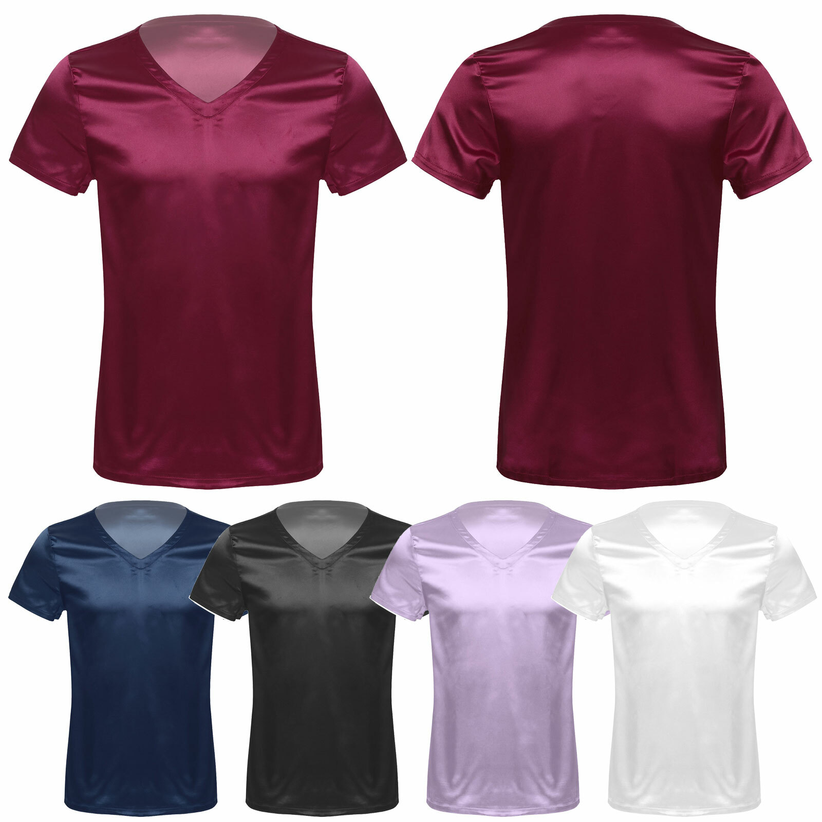 Mens Shiny Satin Sleep T-Shirt Short Sleeve V Neck Lounge Casual Top Blouses