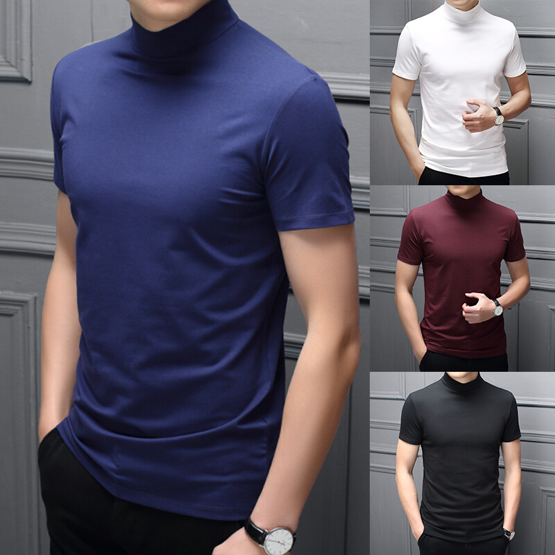 Mens High Neck T Shirt Stretch Turtle Casual Short Sleeve Slim Top