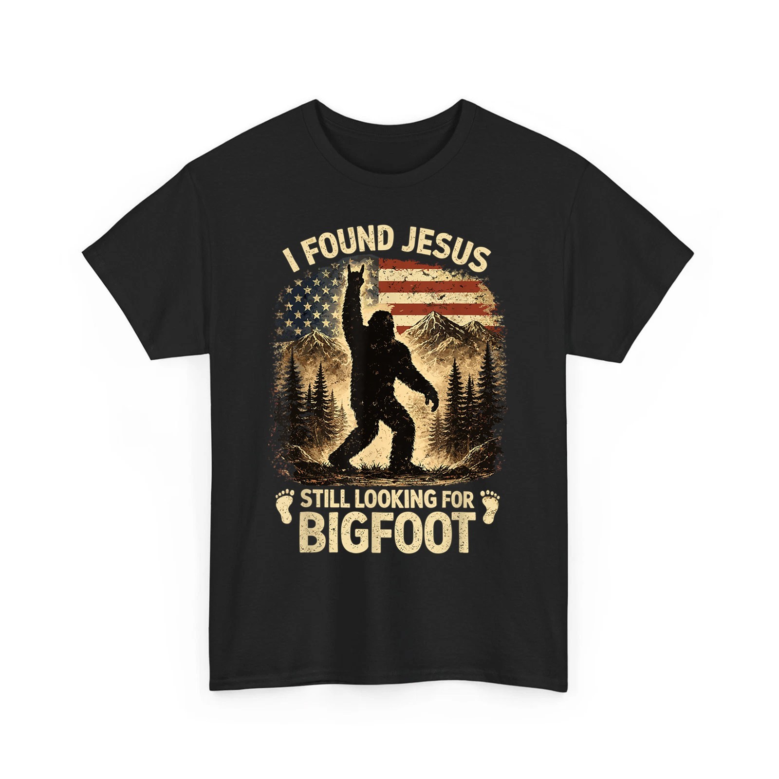 Retro I Found Jesus Still Looking for Bigfoot American Flag Unisex T-Shirt