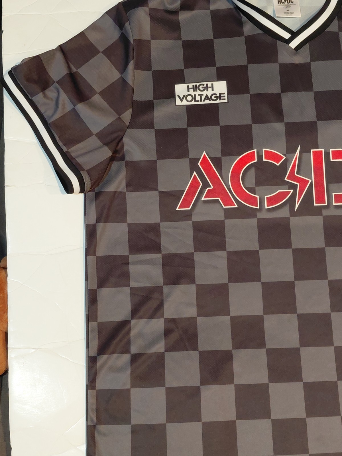 ACDC High Voltage Soccer Style Jersey Checkered V-neck Size XL Charcoal Black