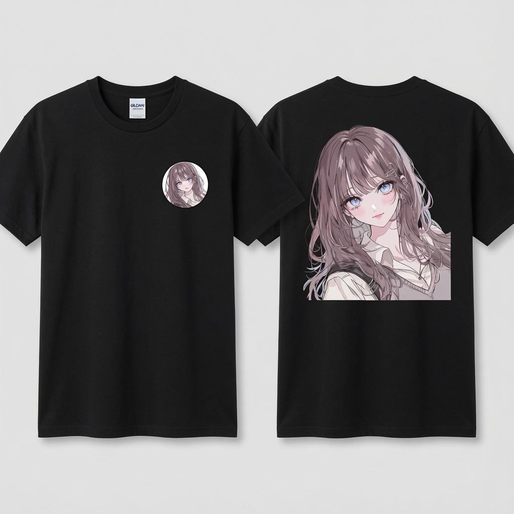 Blue Eyes Brown Hair Anime Girl Black Gildan T-Shirt Kawaii