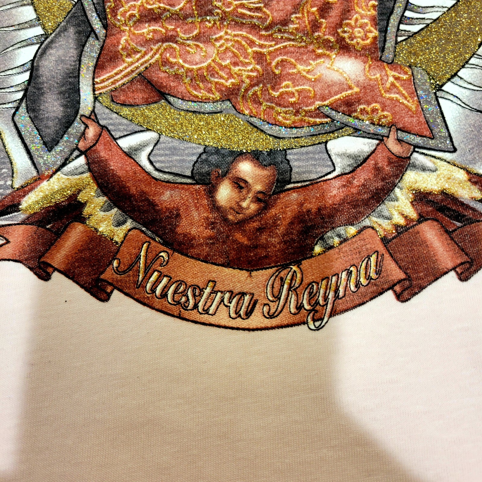 VIRGEN DE GUADALUPE T-SHIRT-size XL Pink. Glitter graphic print chest size 48