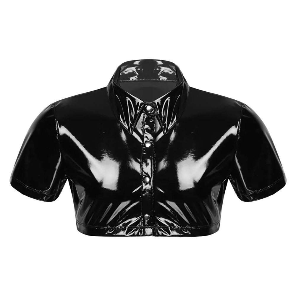 Summer Crop Tops All Seasons Tee Black Wet Look Breathable Daily Mens PVC