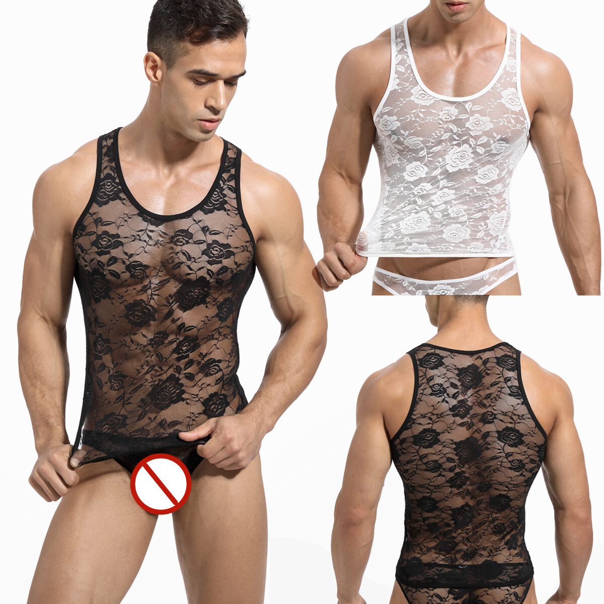 Lace Men Tank Tops Gym Muscle T-Shirt Top See Through Gay Vest Floral Undershirt