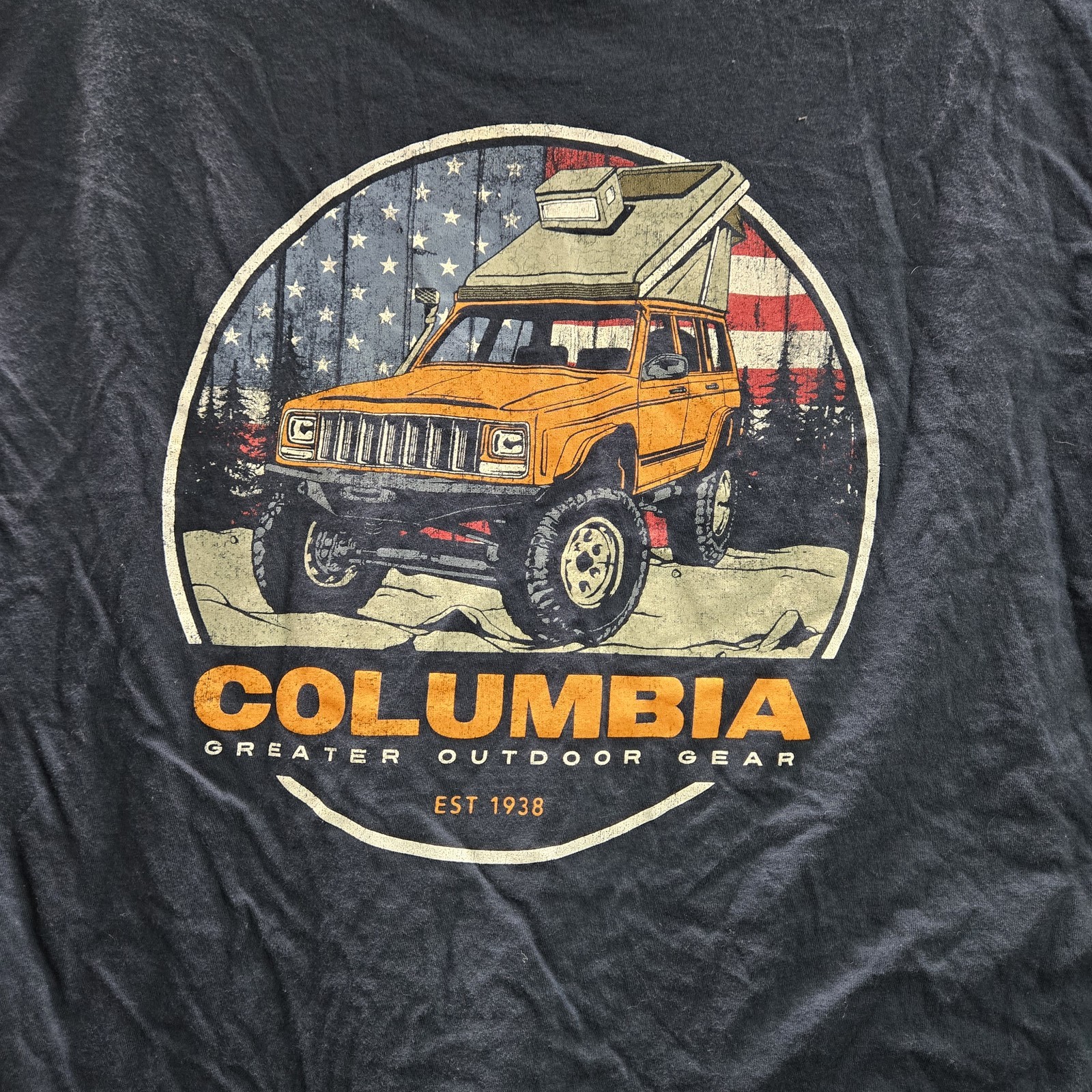 Columbia Men Shirt L Navy Graphic Truck Flag Outdoor Logo Short Sleeve