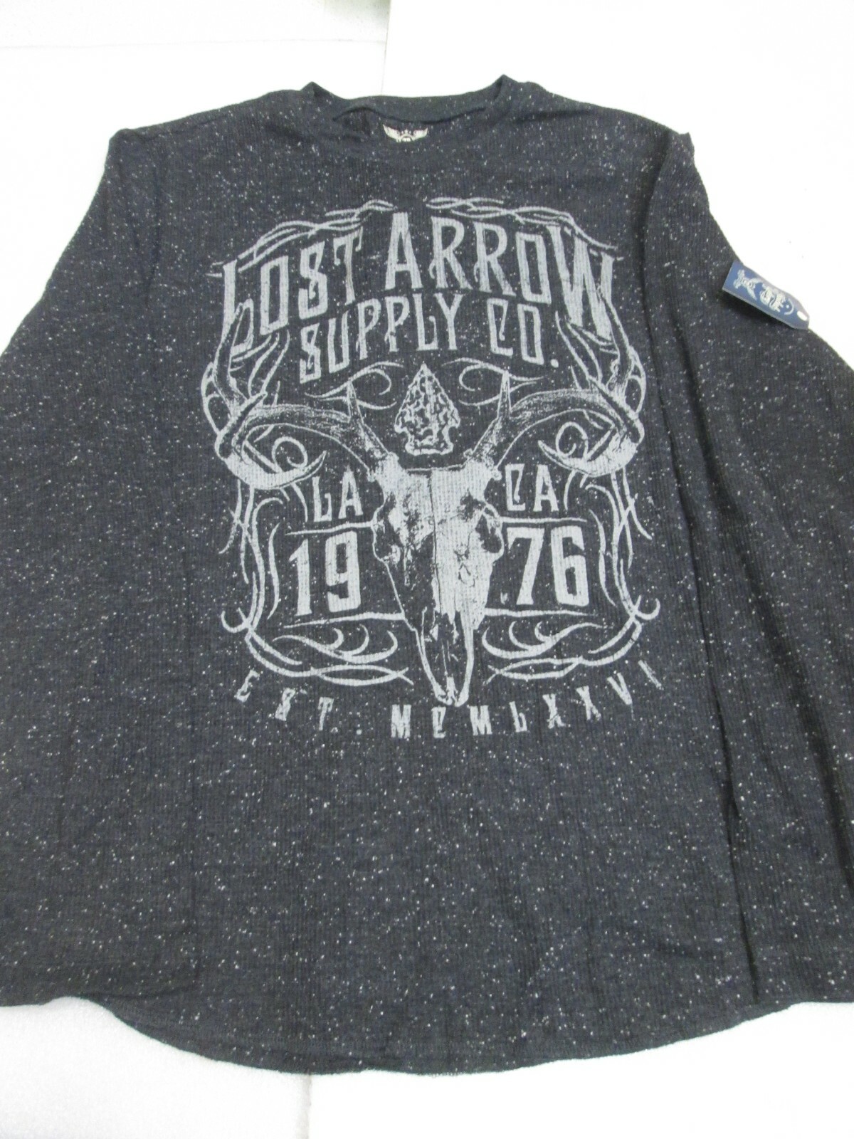 Mens L/S T-Shirt CHARCOAL GRAY Waffle Knit LOST ARROW SUPPLY CO Buck Skull LARGE