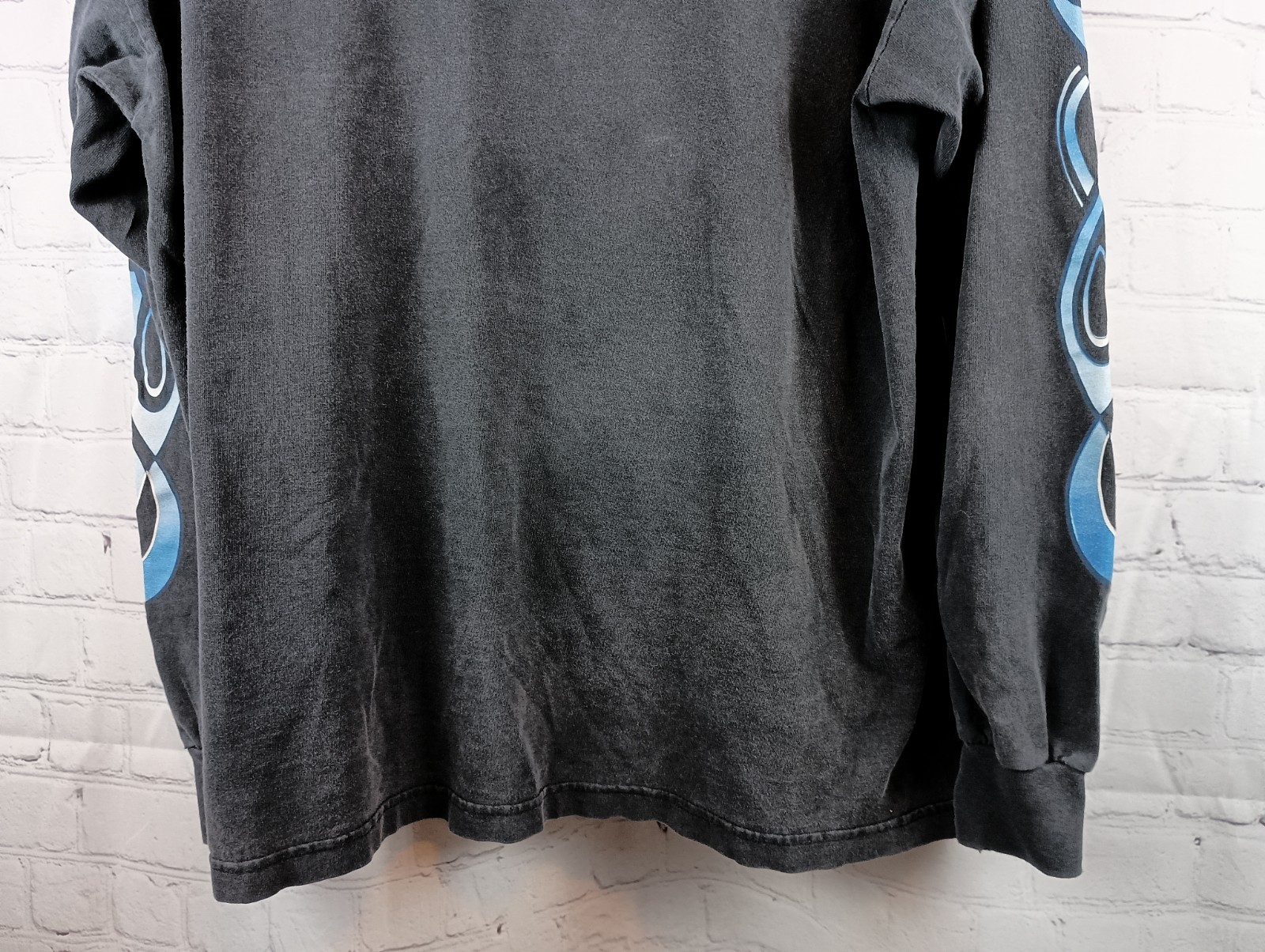 Vintage Archaic Smile Blue Flames Black Long Sleeve T-shirt Made In USA, Sz. XL