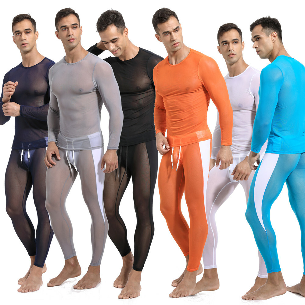 Sexy Mens Top Pants Mesh Perspective Fitness Suit Casual Home Wear T-shirt Pants