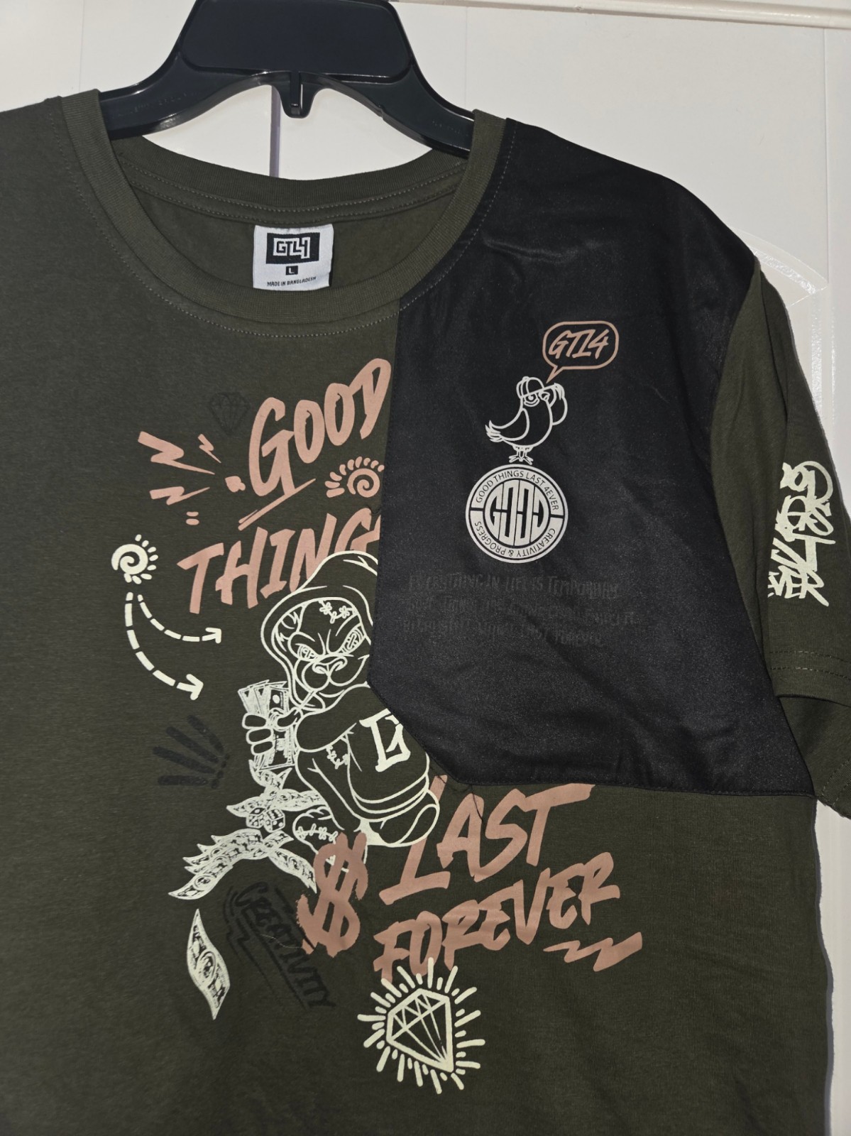 GTL4 Good Things Last Forever Graphic T Shirt Mens Large Olive Green Streetwear