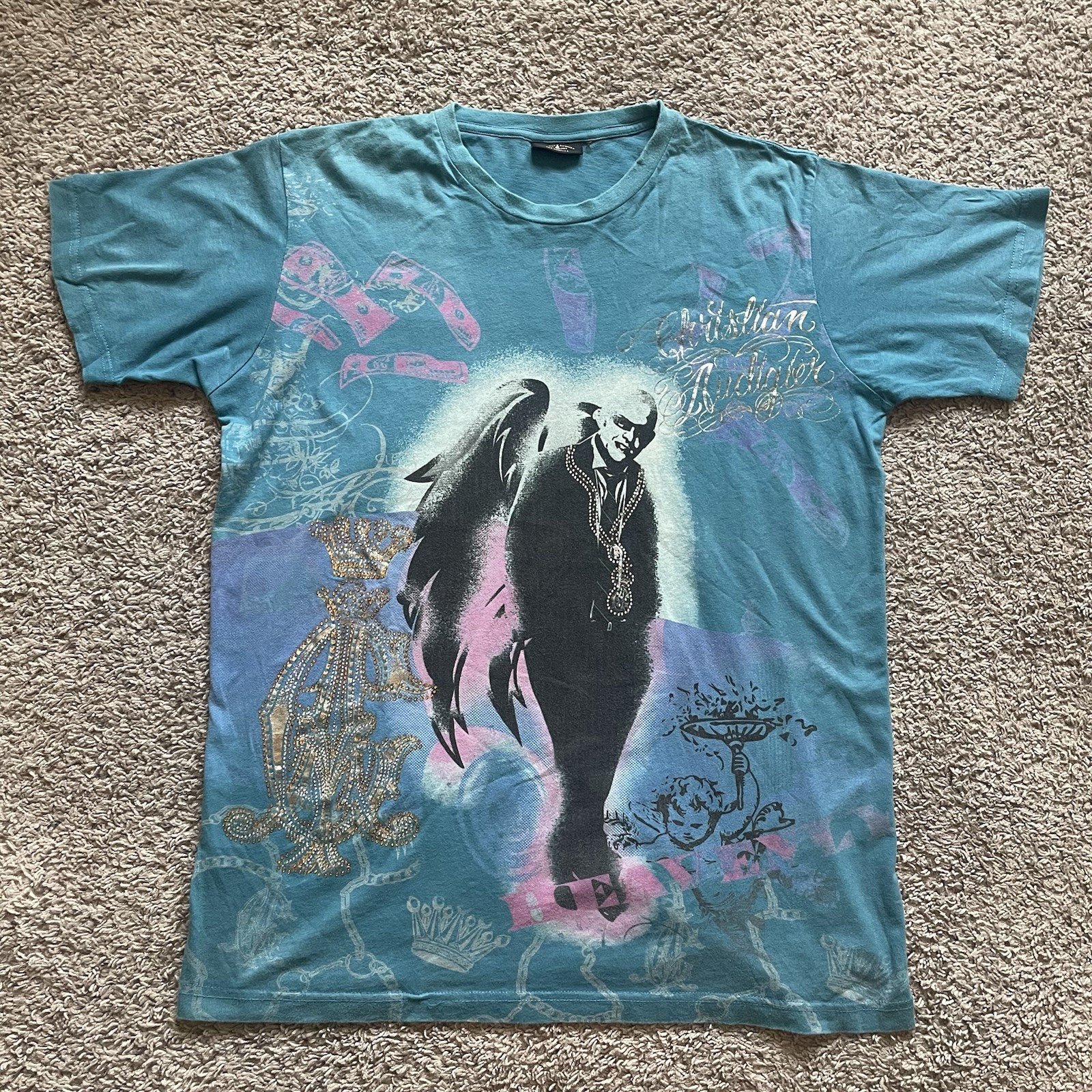 Rare Vtg 2008 Christian Audigier Blue Heavenly Foil Shirt XL City of Angels