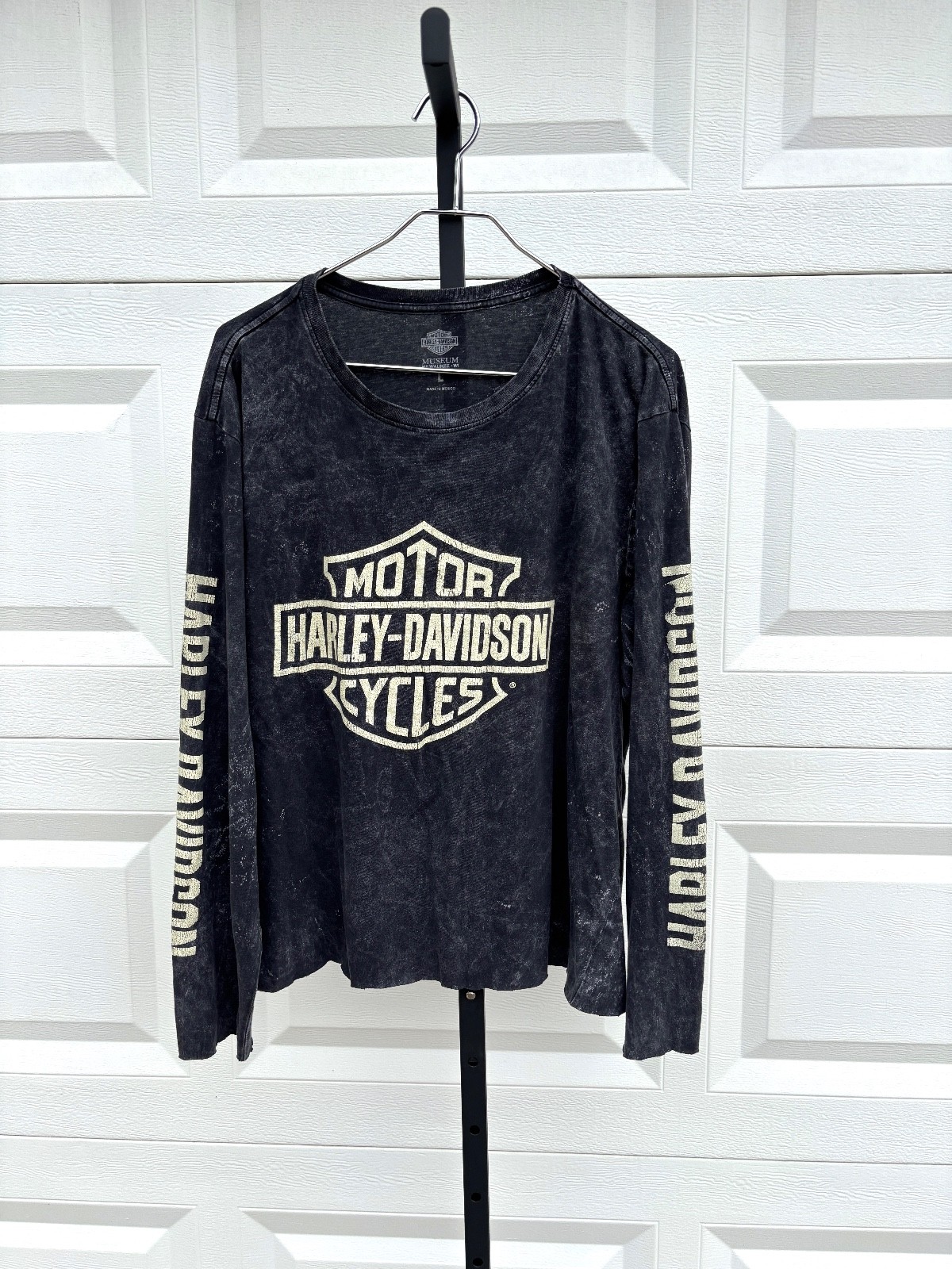Harley-Davidson Black Gray Mineral Wash Distressed Crop LS Logo T-Shirt L Biker