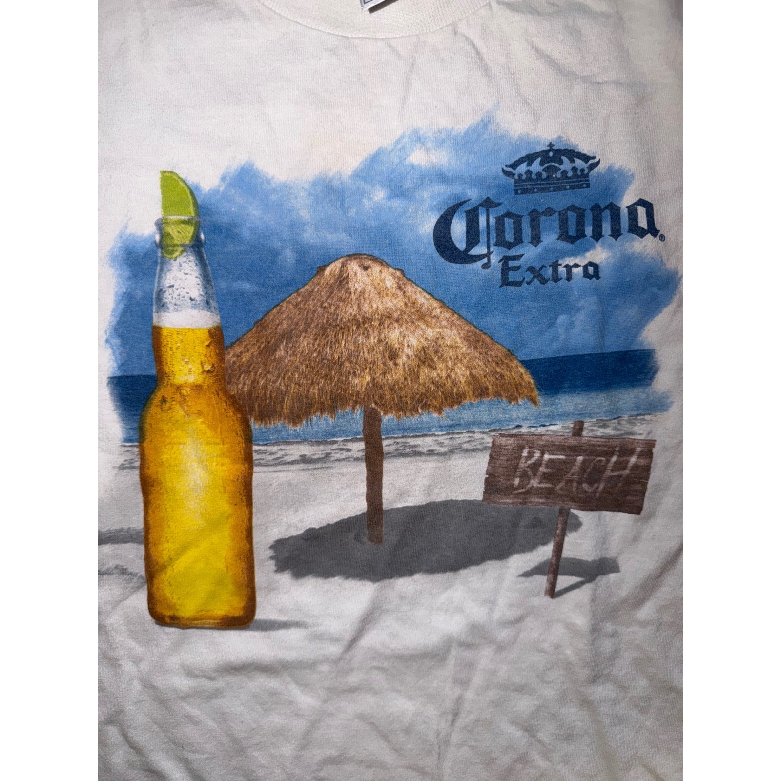 Vintage 2008 Corona Extra Beach Graphic T-Shirt Mens Large White Beer Tee