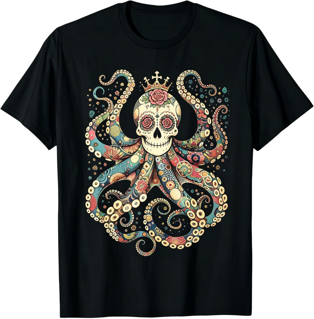 Mexican Sugar Skull Octopus T-Shirt Gothic Rose Crown Crossbones Graphic Unisex