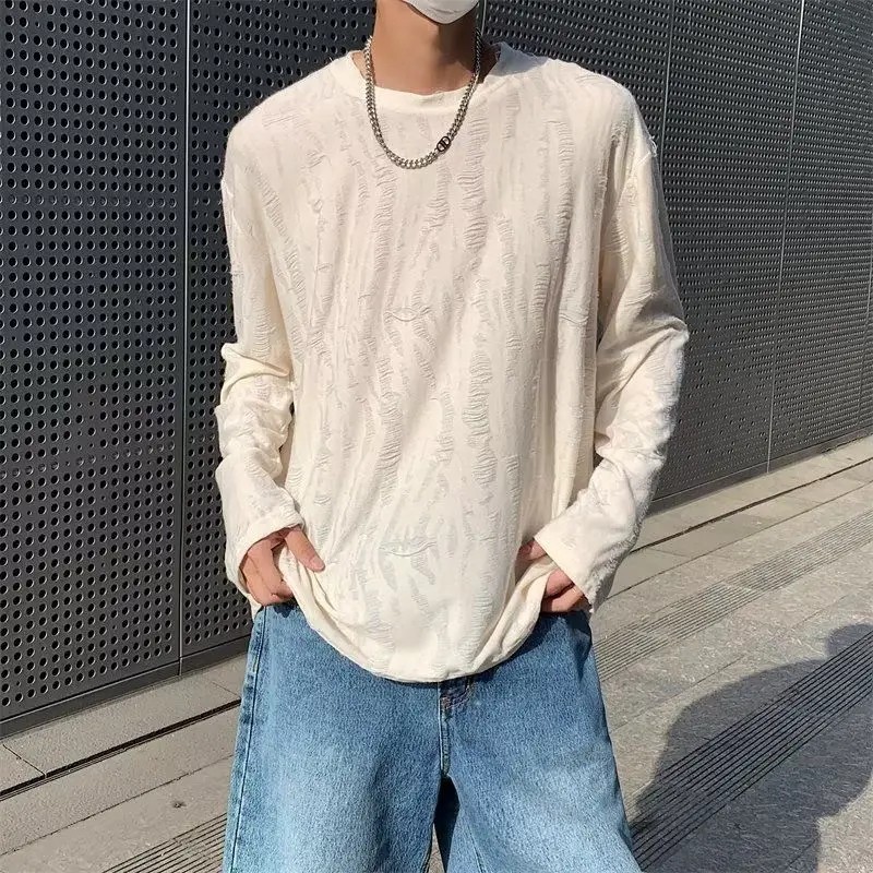 Men&rsquo;s Distressed Long Sleeve T-Shirt Harajuku Aesthetic Ripped Pullover Top