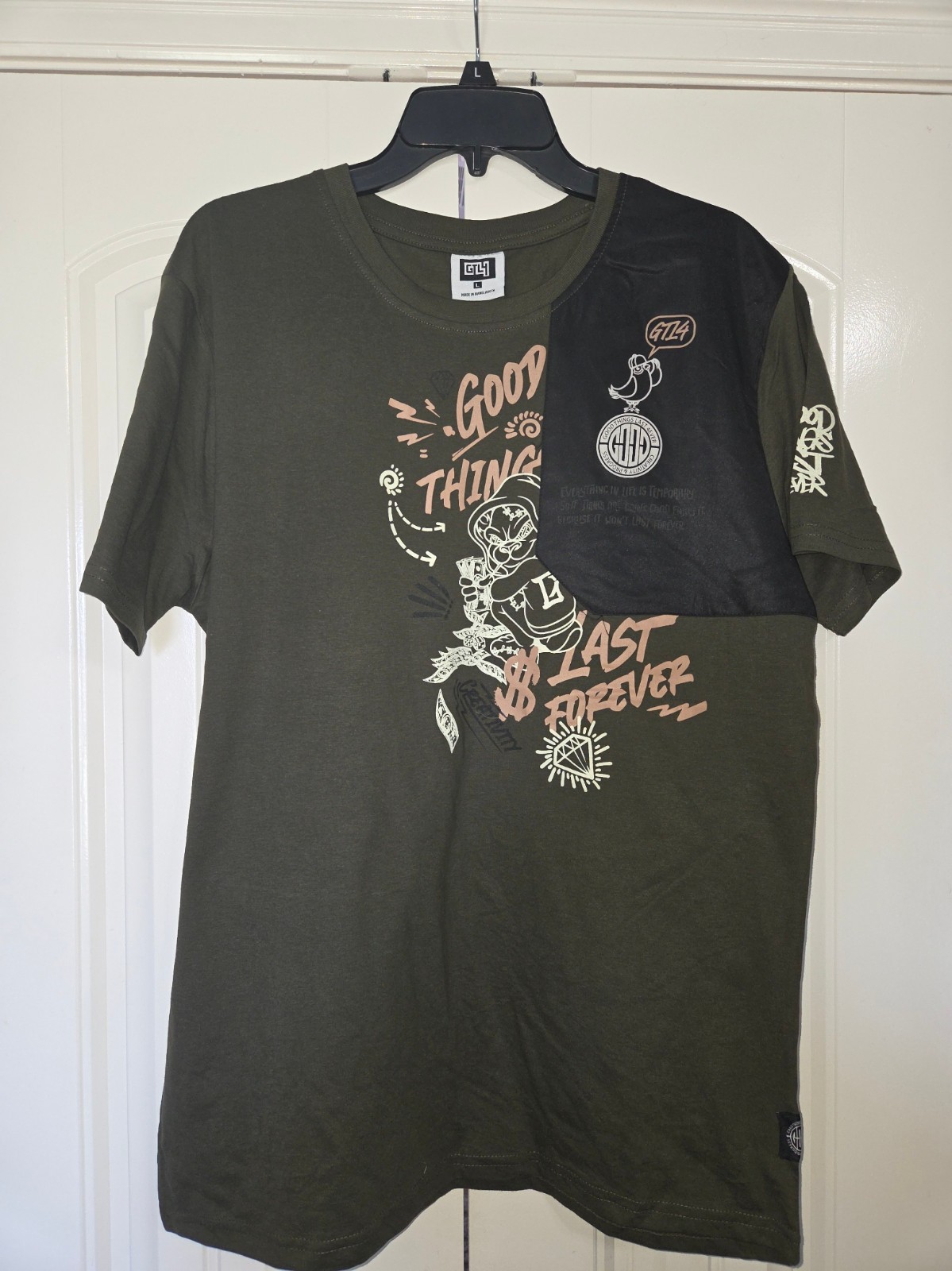 GTL4 Good Things Last Forever Graphic T Shirt Mens Large Olive Green Streetwear