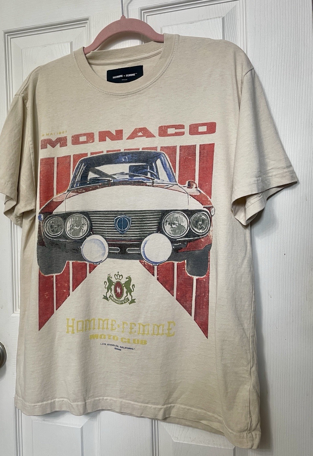Homme + Femme Tan Monaco Car Graphic Cotton T Shirt Sz M