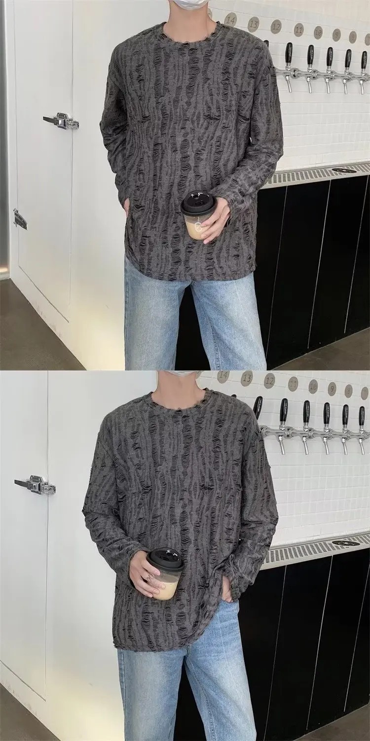Men&rsquo;s Distressed Long Sleeve T-Shirt Harajuku Aesthetic Ripped Pullover Top