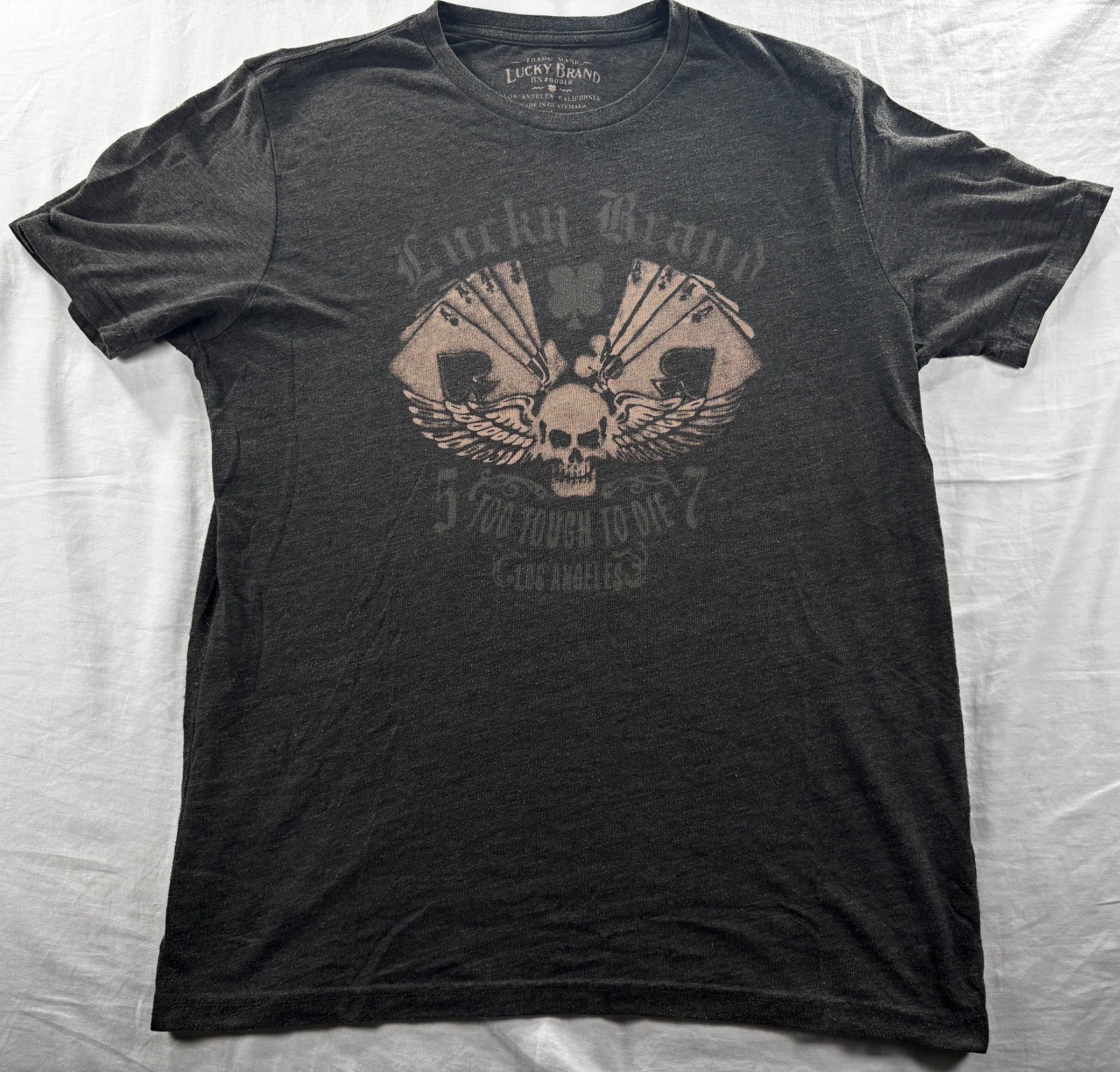 Lucky Brand Graphic T-Shirt Mens Sz L Too Tough To Die Poker Cards Skull Gray