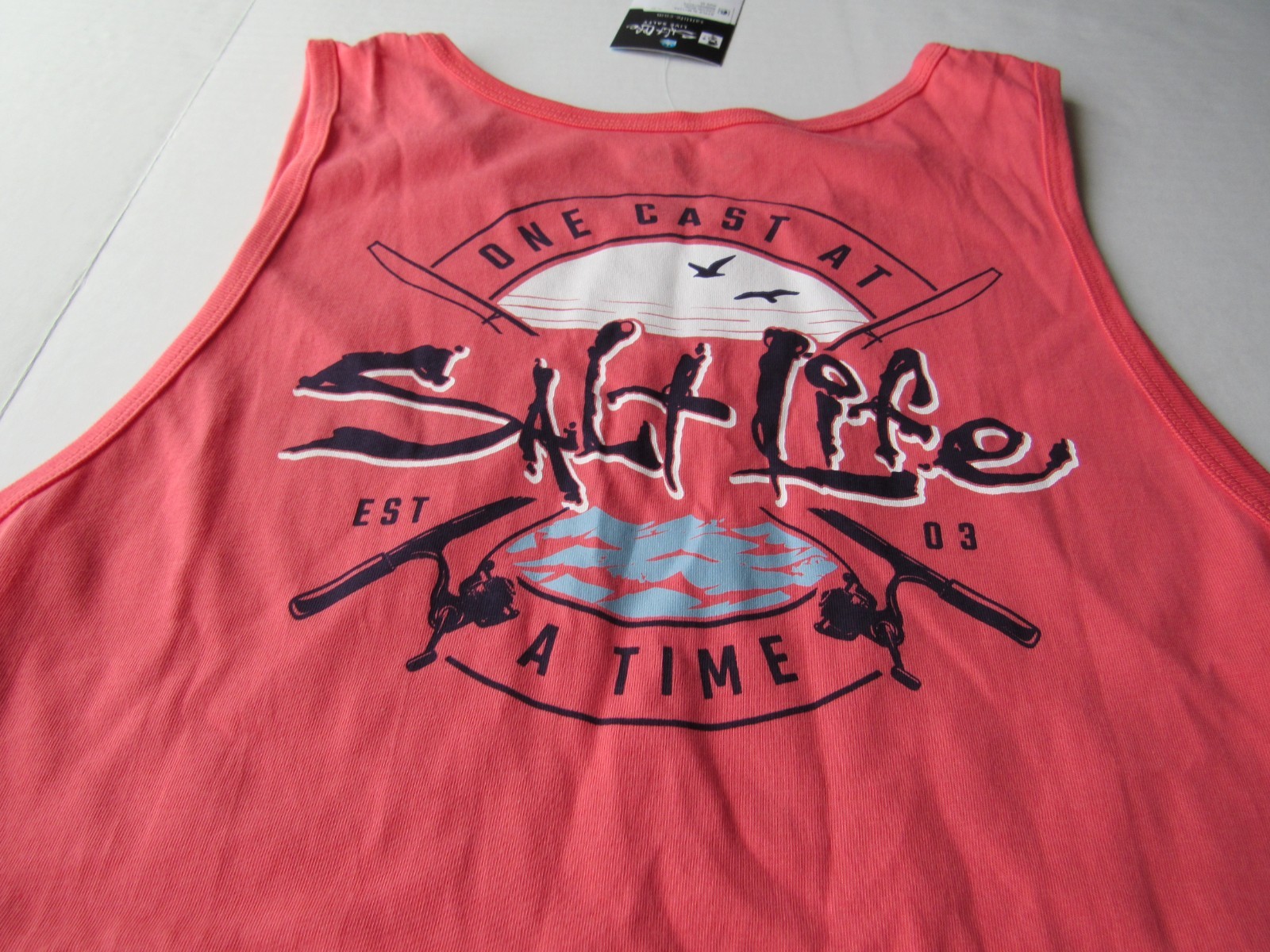 Salt Life Mens One Cast At A Time 100% Cotton Salmon Large Tank Top Nwt
