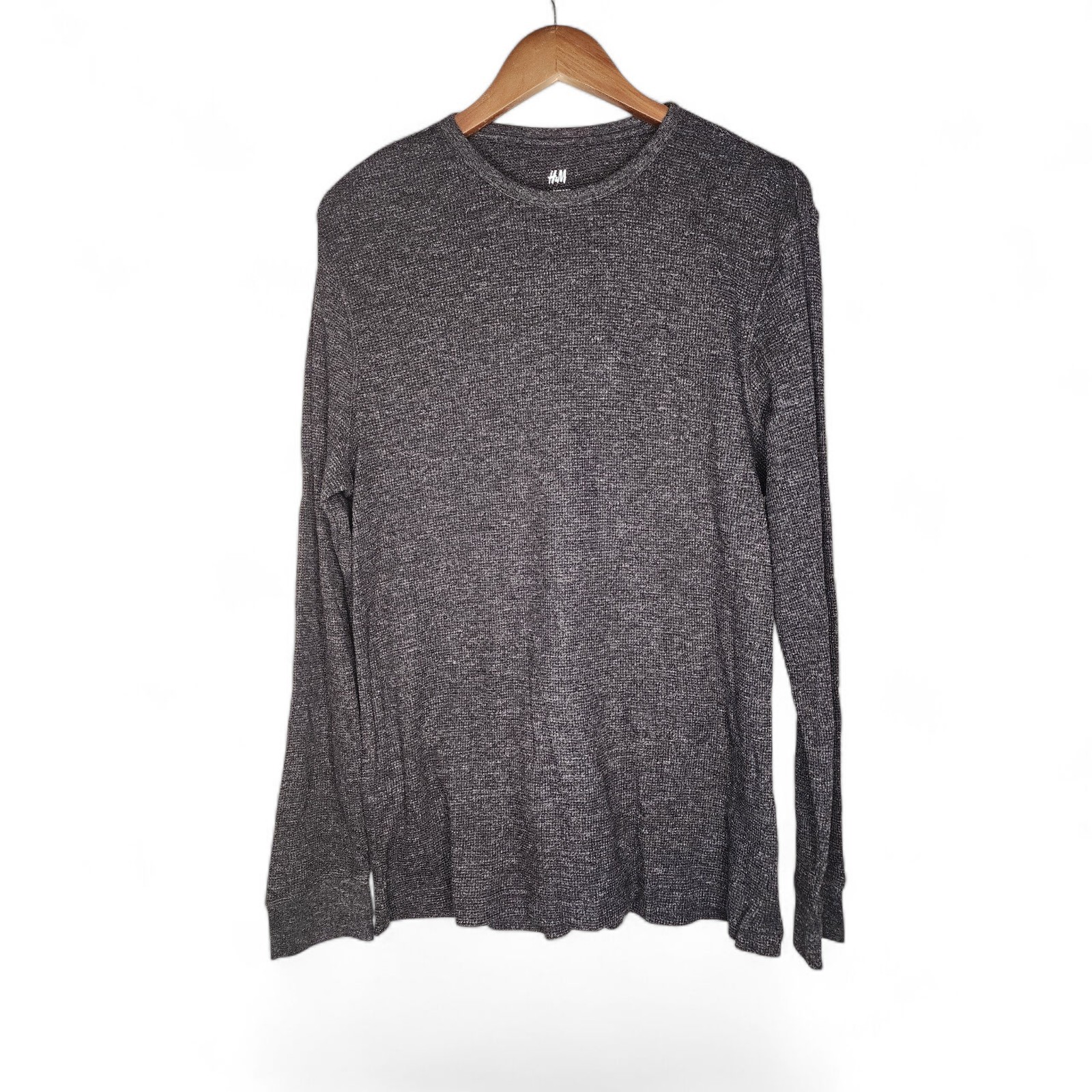 H&M Waffled Long Sleeve Top In Black Marl Size L