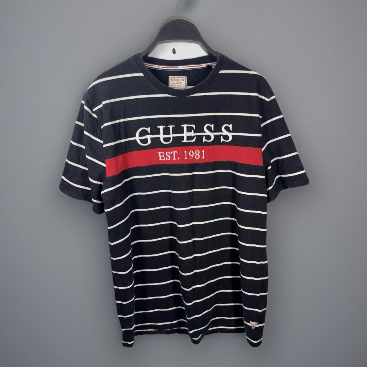 Guess T Shirt Mens Medium Navy Striped Designer 90s Retro Casual Crew Neck