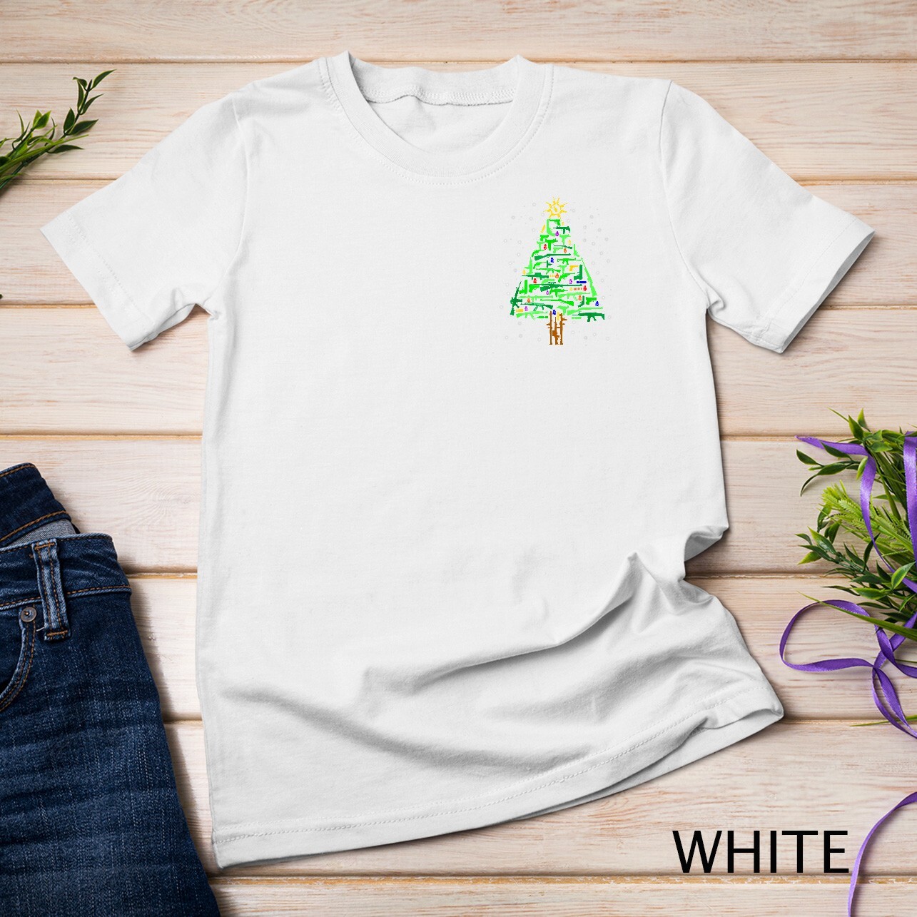 Gun Christmas Tree Funny Veteran Xmas 2024 Gifts Gun Lover Unisex T-shirt
