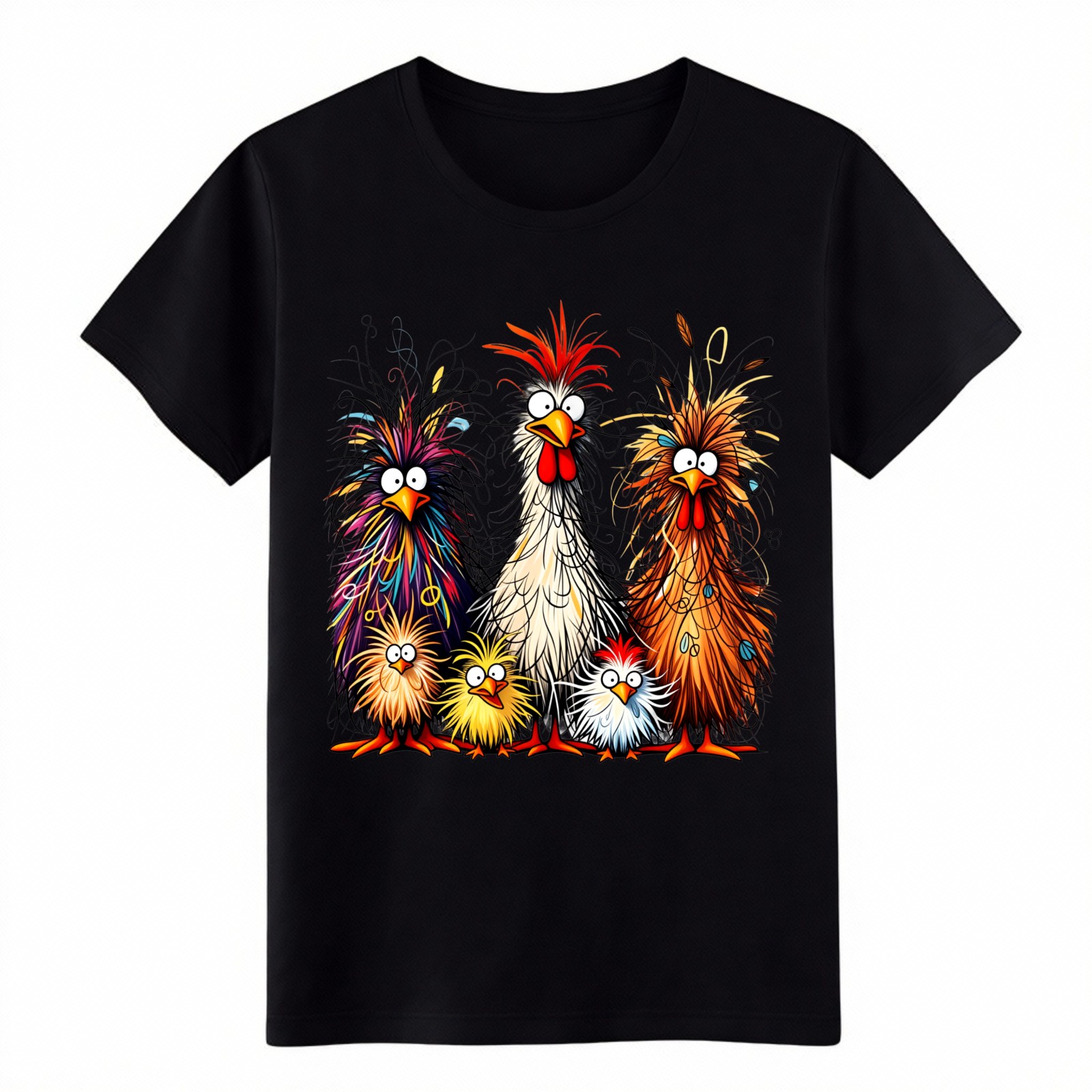 Funny Crazy Fluffy Chicken Family Cartoon Graphic Black Farm Casual T Shirt
