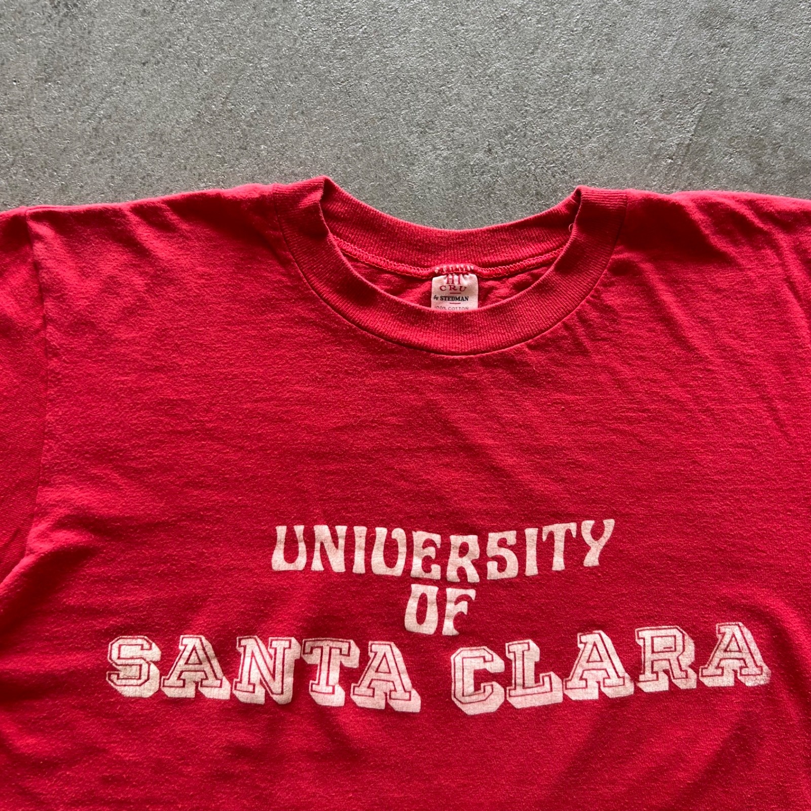 Vintage 70s Santa Clara University Shirt Size Large Red SCU Broncos Water Print