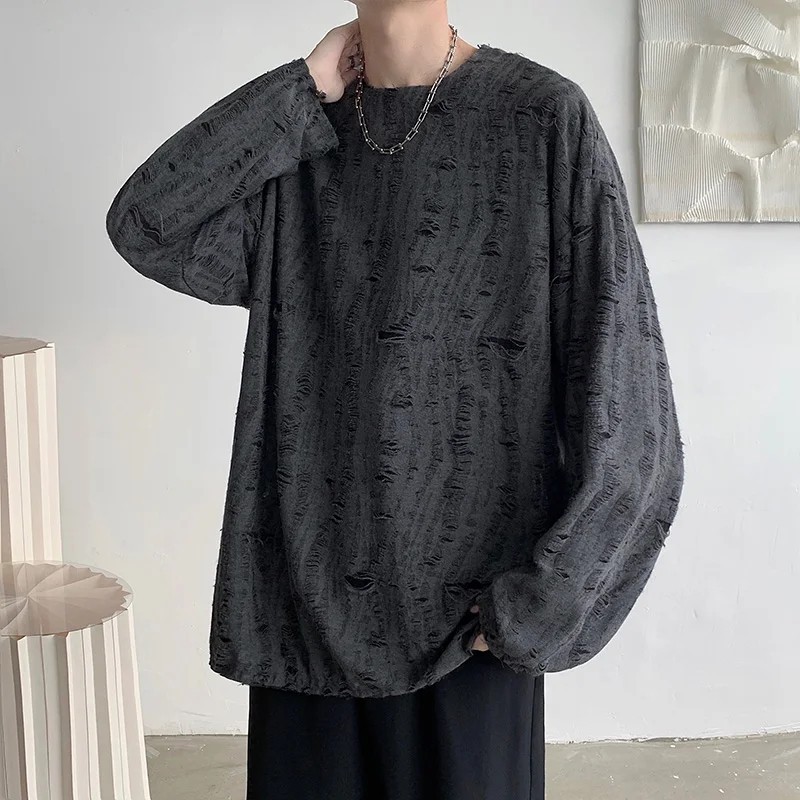 Men&rsquo;s Distressed Hole Long Sleeve T-Shirt Hip Hop Oversized Harajuku Streetwear